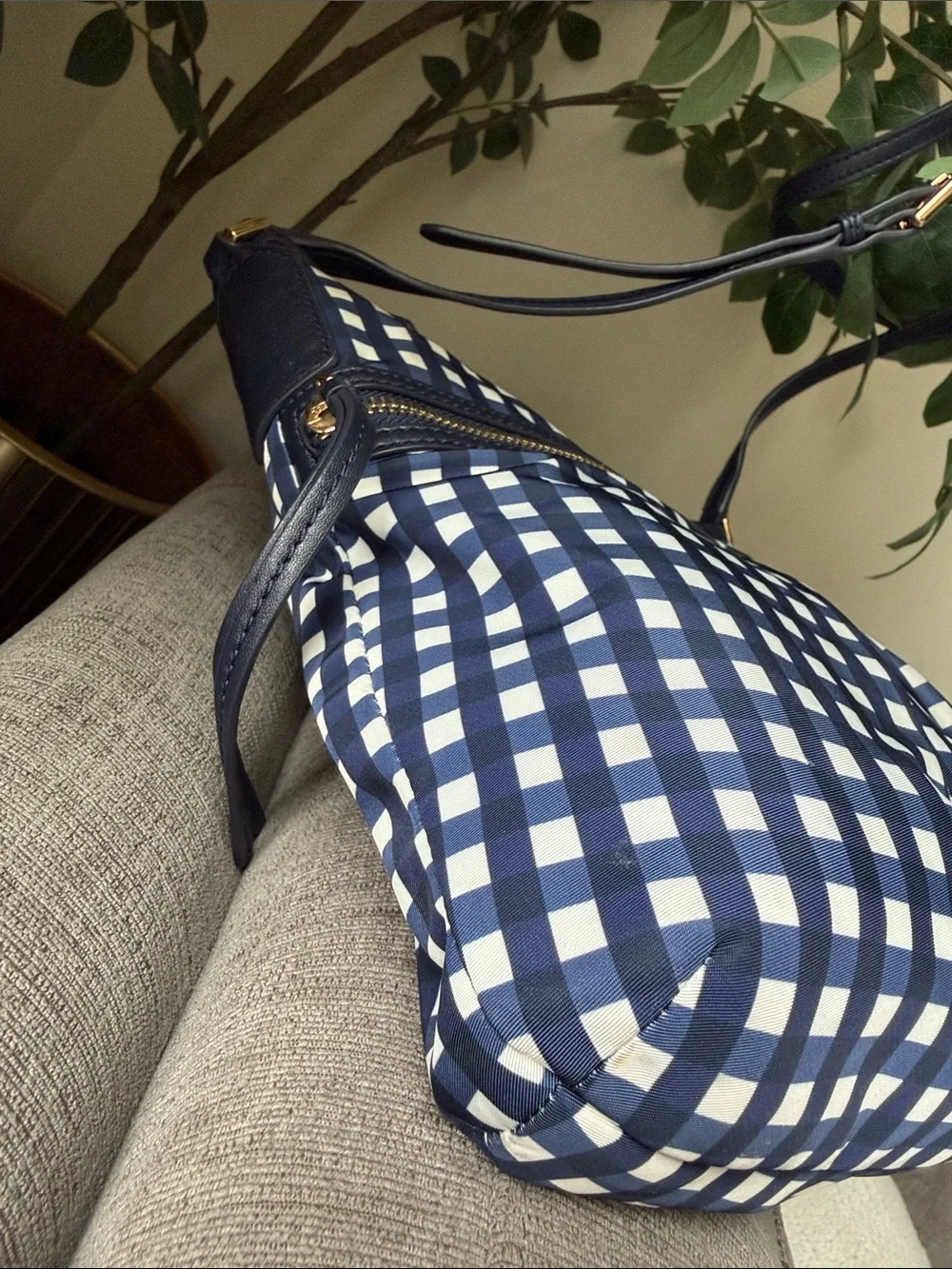 Tory Burch Navy and White Gingham Crossbody Bag